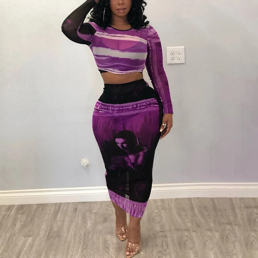 

Fadzeco Women Bodycon Dress Autumn Print Long Sleeve Crop Tops and Long Skirts 2 Pieces Set Elastic Club Party Dress