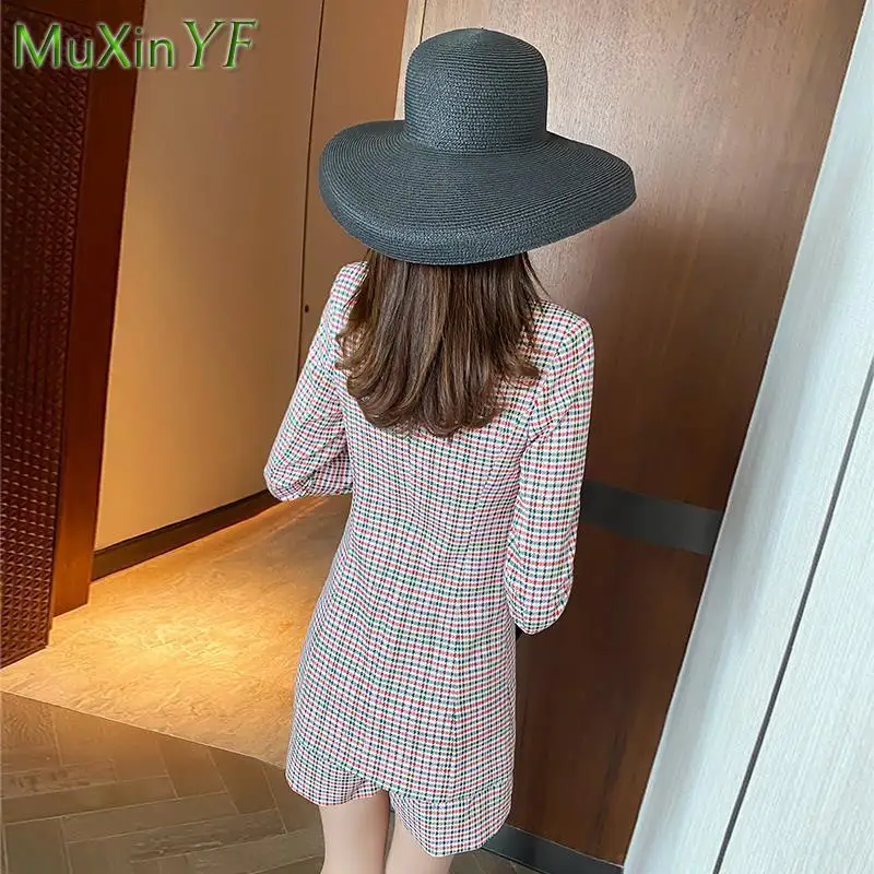 Autumn New Pink Plaid Suit Shorts Two-piece Women's 2023 Korean Fashion Elegant Top Blouse Blazers Pants Set Female Clothing
