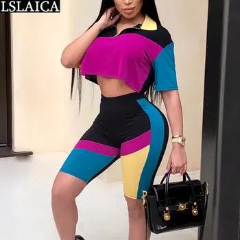 

Colorful patchwork 2 piece outfits for women short sleeve tops&Half pants causal elegant women 2 piece set party club women sets