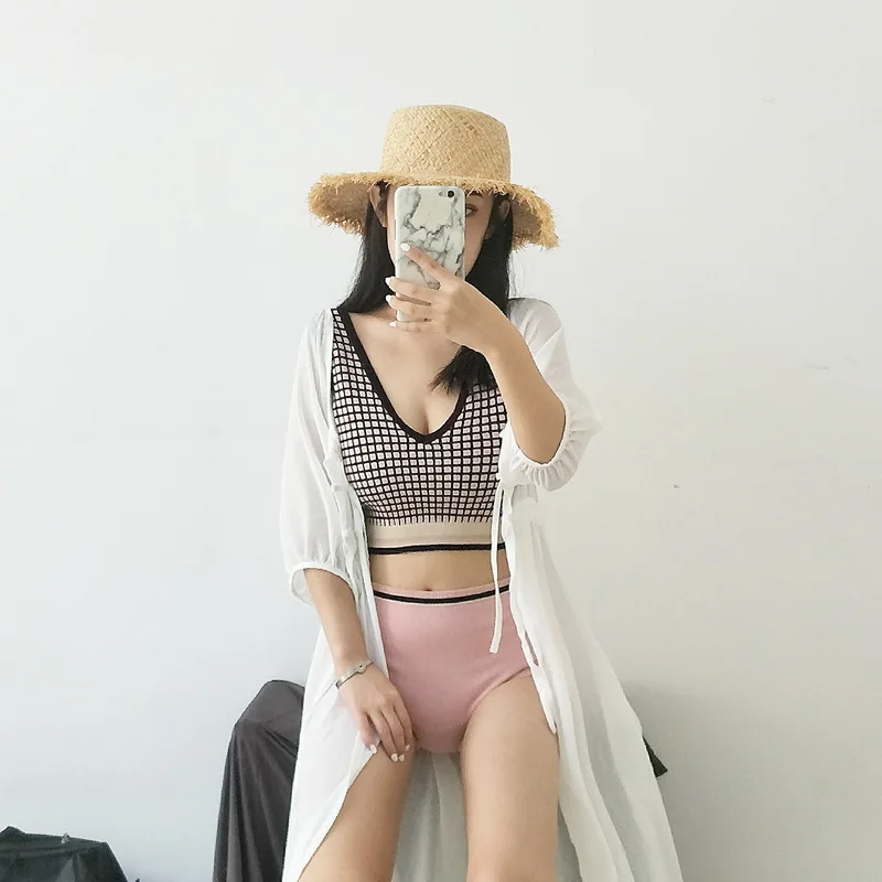 

South Korea Summer INS Retro Sexy V-neck British Style Plaid Split Type Knitted Swimsuit Women's Two-Piece Set Backless