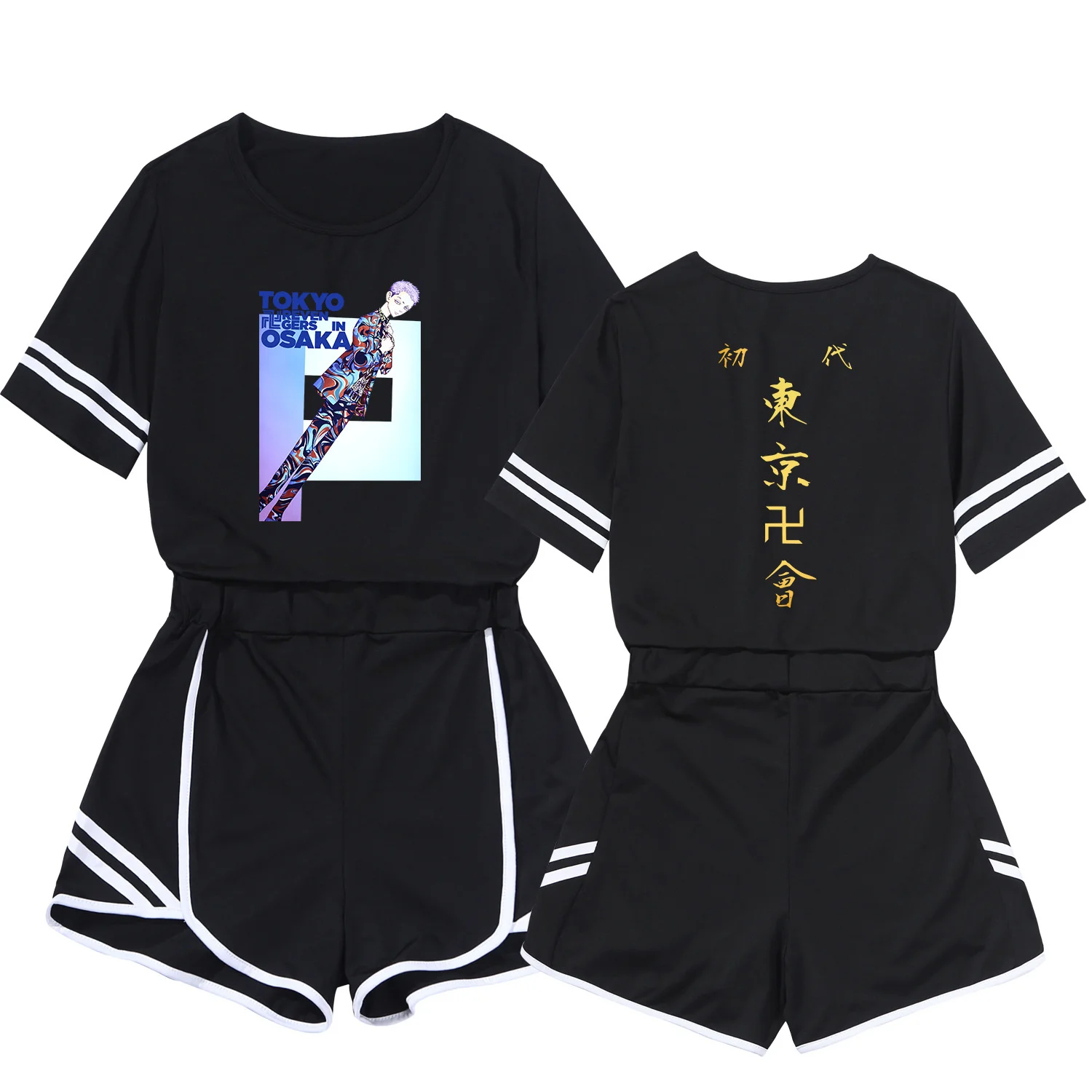 Tokyo Revengers Short Suit Two Piece Anime Cosplay Character Print Women Girl Black Loose Tracksuit Crop Set 2021 Summer Outfits wonder egg priority sweet anime hoodie pants two piece cosplay sweatshirt and sweatpants set pullovers tracksuits 2021