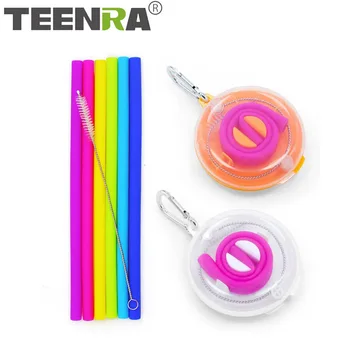

TEENRA Collapsible Drinking Straws With Box Reusable Silicone Straw With Cleaning Brush Foldable Drink Straws Portable