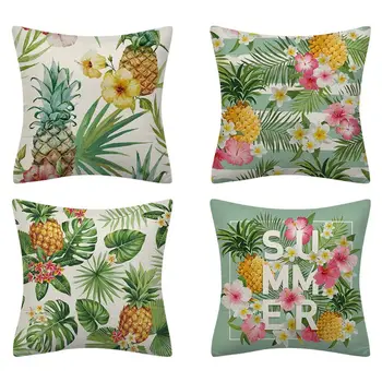 

4Pcs/Set Tropical Leaves Pineapple Pillover Case Digital Print Polyester Linen Decorative Summer Throw Cushion Cover