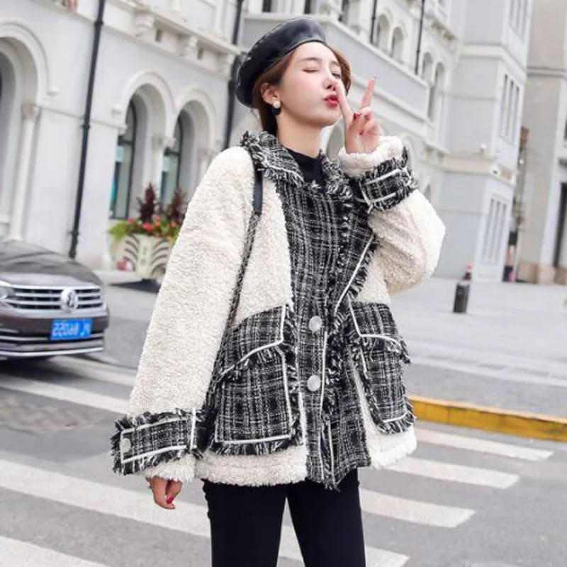 SHENGPALAE осень зима длинный рукав отложной воротник куртка Лоскутная свободная корейская мода овечья шерсть Женское пальто 5D094 - Цвет: Picture color