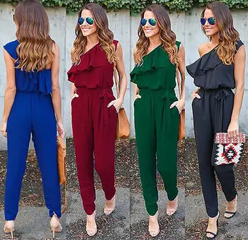 

Fashion Womens Ladies Stylish Solid Color Short Sleeve Ruffles One Shoulder Summer Long Rompers Loose Jumpsuits Playsuits Pants