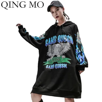 

QING MO Women Pullover Eagle Print Sweatshirt Dress 2020 Spring Women Loose Cotton Sweatshirt Dress Hooded ZQY1311