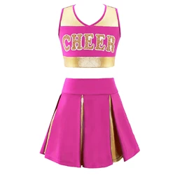 Kids Girls Cheer Uniform Cheerleader Dance Costume Sleeveless V Neckline Letter Print Crop Top with Elastic Waistband Skirt