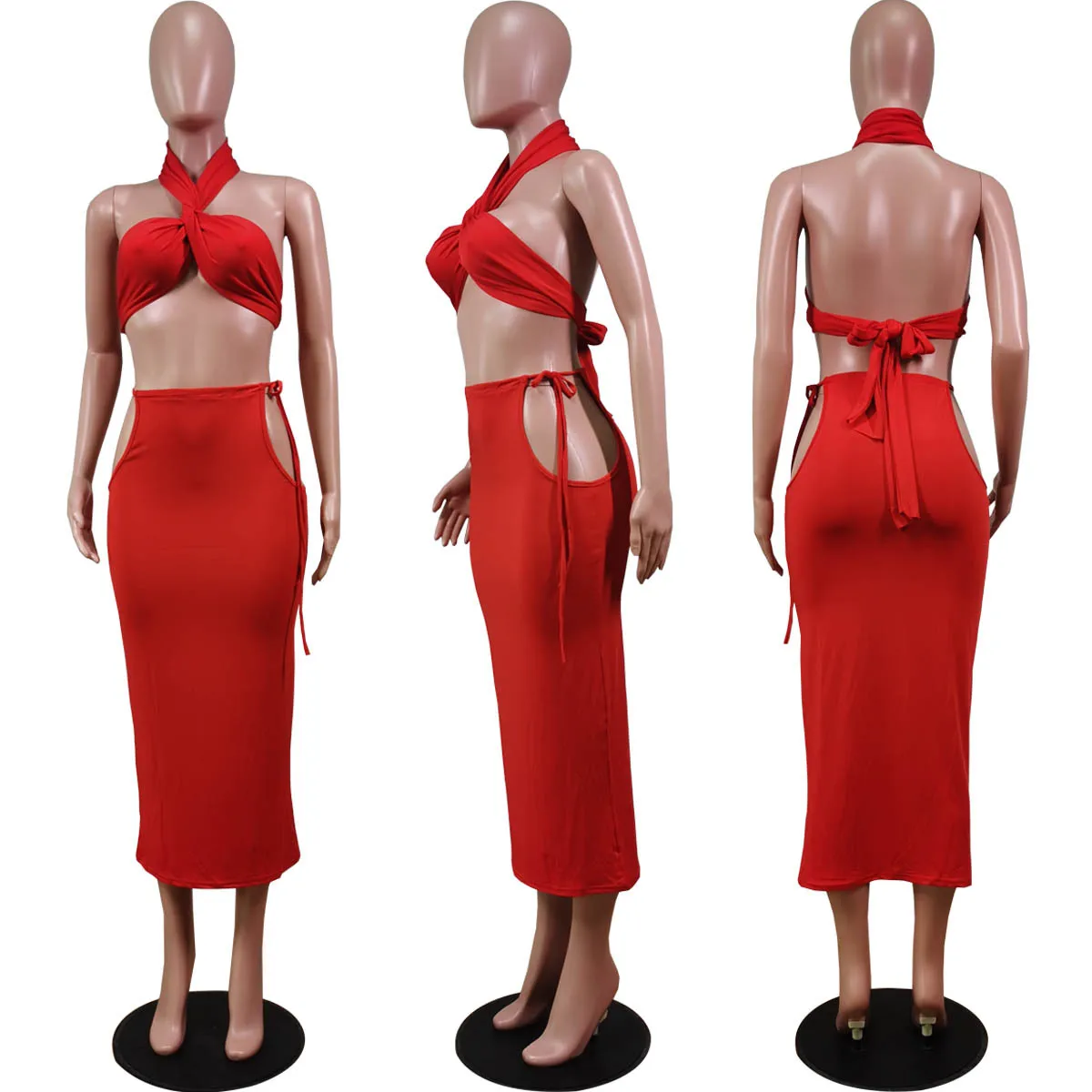 2021 Summer New Style Women's Fashion Sexy Solid Color Hollowed Chest Wrapped Long Skirt with Rope Waist Skirt Suit bathing suit with matching cover up