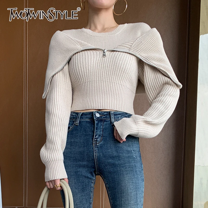 Женский короткий свитер TWOTWINSTYLE повседневный вязаный пуловер с круглым вырезом и