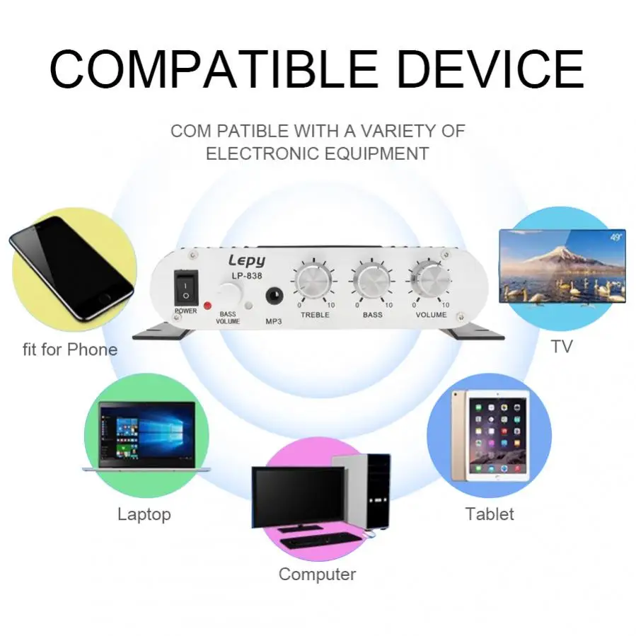 838BT HIFI Bluetooth Car Audio Amplifier 2.1 Channel Sound High Power Amplifier Subwoofer SD USB MP3 FM Radio Digital Player