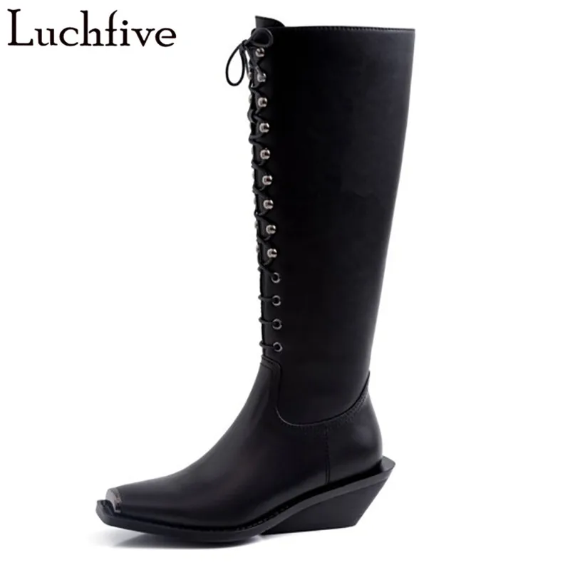 

Fashion Lace Up Boots Femme Metal Square Toe Wedges Shoes For Women Sexy Brown Black Shoes Woman Zipper Women Boots