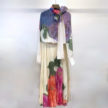 

Top Quality Runway Skirts Set 2020 Spring European Fashion Flowers Print Bow Tie Silk Blouses Tops Pleat Skirts