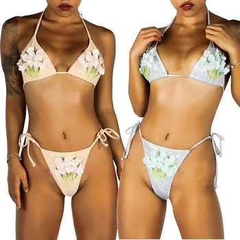 

2020 Sexy 3D Flower Brazilian Swimsuit Embroidered Floral Women Bandage Bikinis Set Handmade Micro Bikini Mini Swimwear Thong