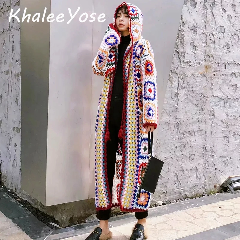 

KHALEE YOSE Handmade Long Knitted Sweaters Cardigan Hippie Boho Chic Coat Long Sleeve Autumn Mohair Ethnic Oversize Hooded Coats