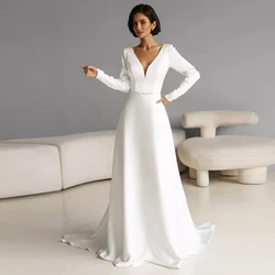 White Simple Deep V-Neck Wedding Dresses for Guest 2022 Fulle Sleeve with Chiffon Vestido de novia Button Bridal Gowns  Zipper