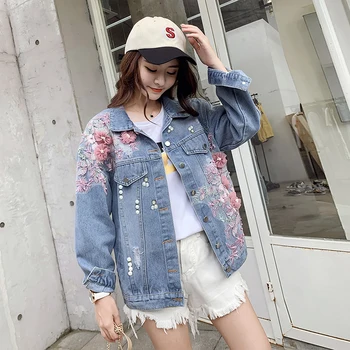 

Jacket Autumn Women's 2019 Korean Fashion Embroidery Three-dimensional Flower Hole Denim Basic Coat Female Slim Jacket Women