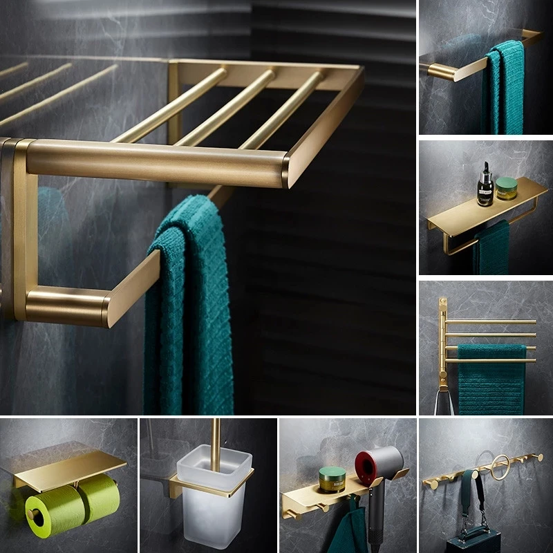 Bathroom Accessories Bathroom Shelf Towel Rack Paper holder Toilet Brush Holder Towel Ranger Brushed Gold Brass Bath Hardware