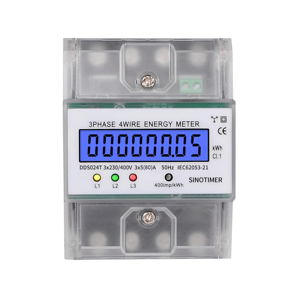 3 Phase 4 Wire Energy Meter 230/400V 5-100A Digital Electric Power Meter Energy Consumption KWh Meter with LCD Rail Type Installation 35mm 