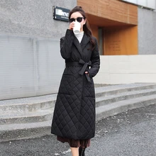 Long Winter Jacket And Coat For Women Cotton Padded Casual Pocket Sash Women Parkas High Street Tailored Collar Stylish Overcoat