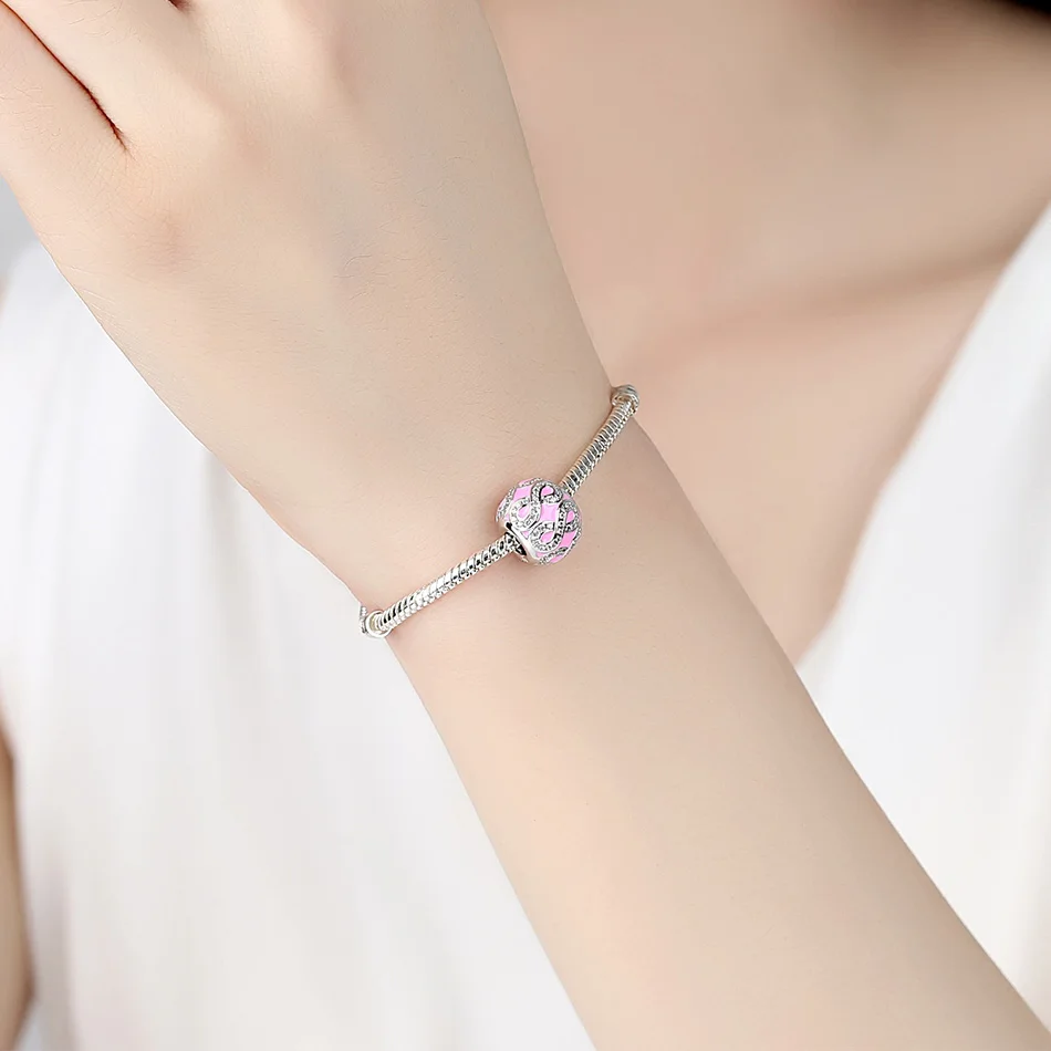 Kaufen ELESHE Authentische 925 Sterling Silber Charme Perlen mit Rosa CZ Fit Original Pandora Charms Armband Halskette DIY Schmuck Machen