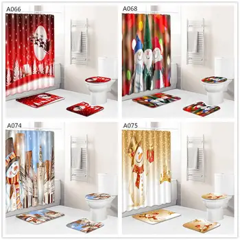 

DishyKooker Merry Christmas Bathroom set Snowman Santa Bell Elk Pattern Waterproof Shower Curtain Toilet Cover Mat Non Slip Rug