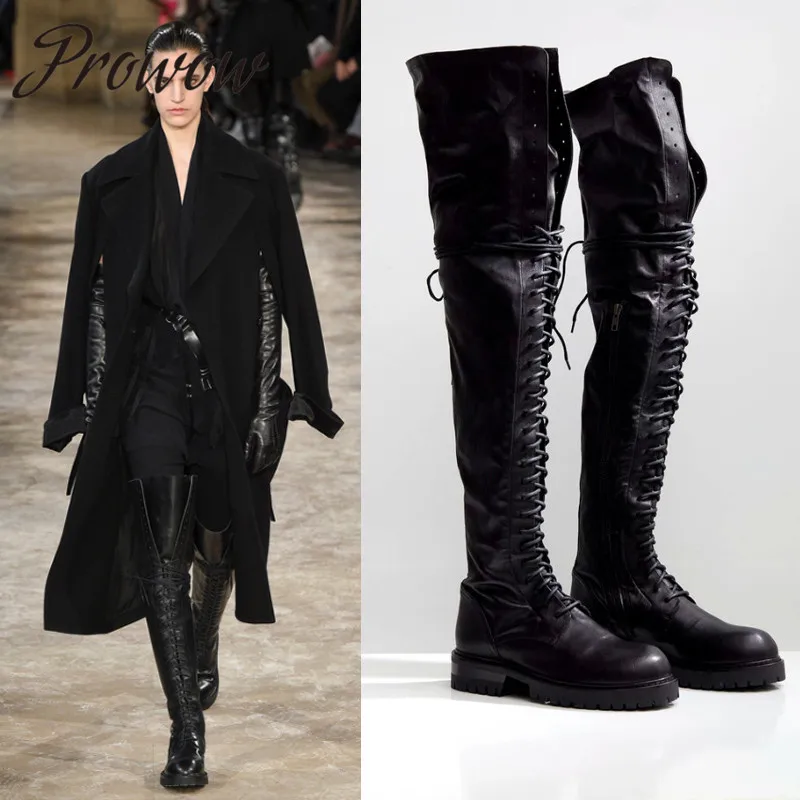 

Prowow New Genuine Leather Gladiator Over The Knee HIgh Thigh High Boots Round Toe Low Heel Moto Long Boots Warm Winter Boots