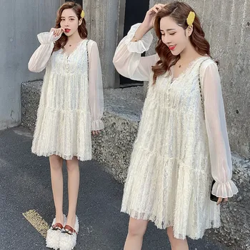 

Maternity Clothes 2020 Summer New Style Fashion Cotton V-neck Graceful Lace Joint A- Line Pregnant Women Breastfeeding Dress