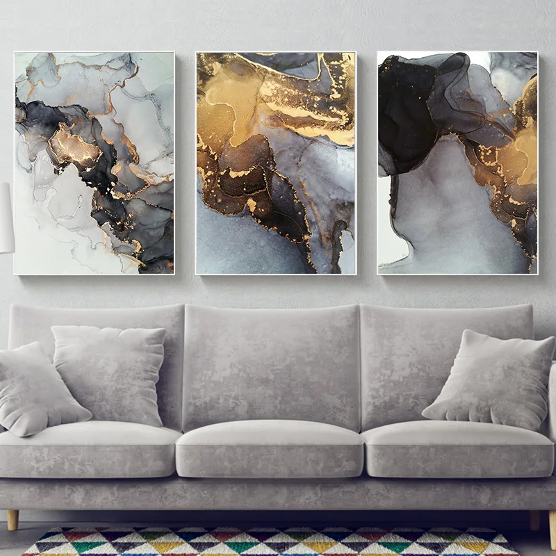 Golden Watercolor Ink Painting Poster Canvas Art Abstract Print Modern Decor 