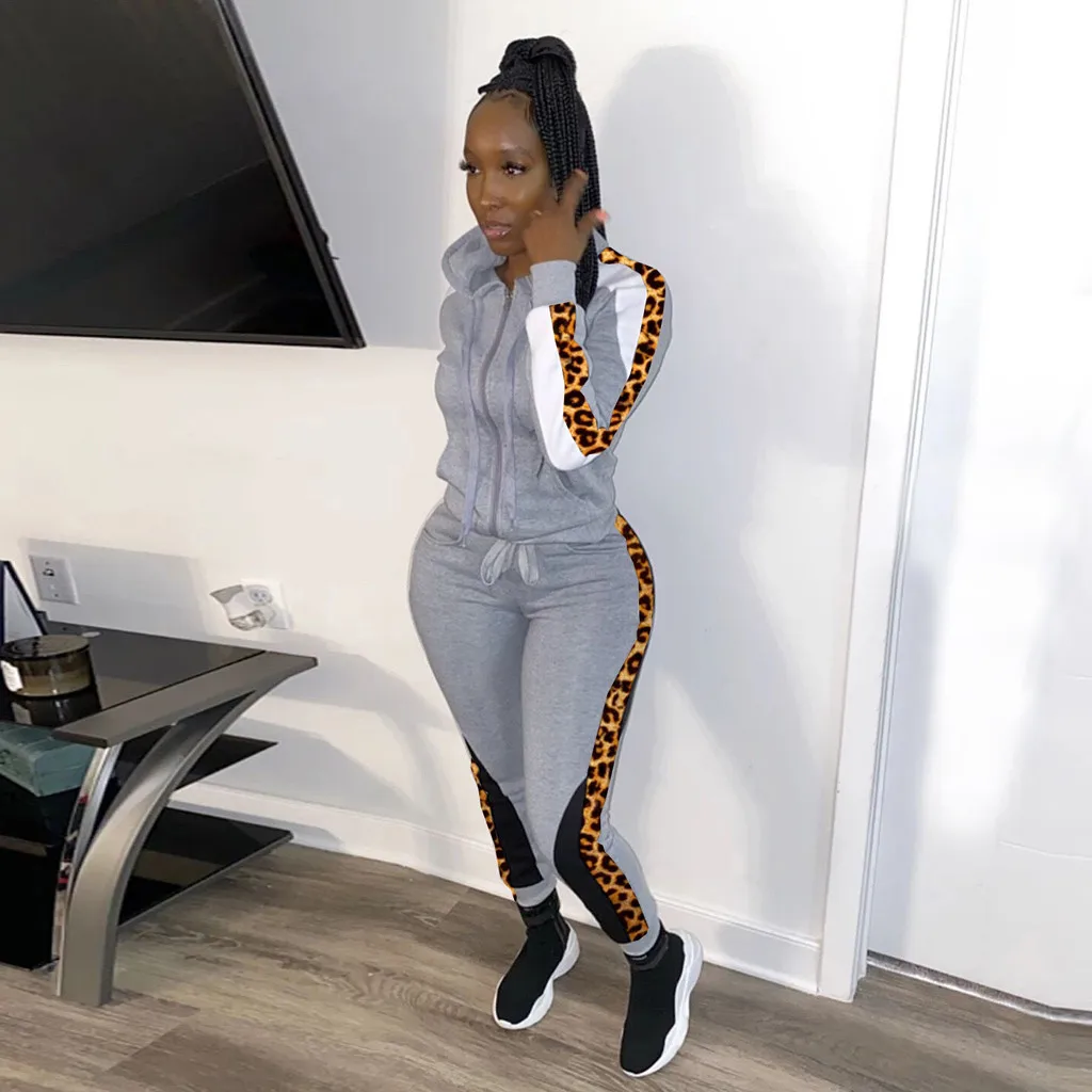 womens tracksuit autumn winter Womens Leopard Print Long Sleeve And Pants Casual Hooded Zipper Set#D