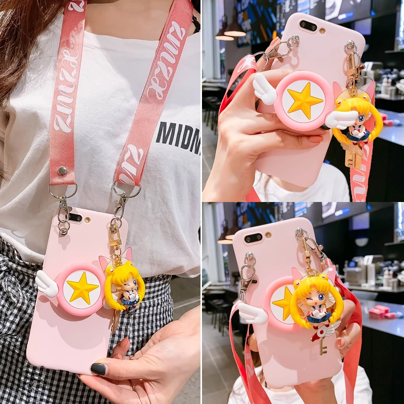 

For iPhone XS Max XR sailor moon shoulder bag soft tpu back cover for iPhone X 8 6 6s plus case for iPhone 8plus strap 3D Holder