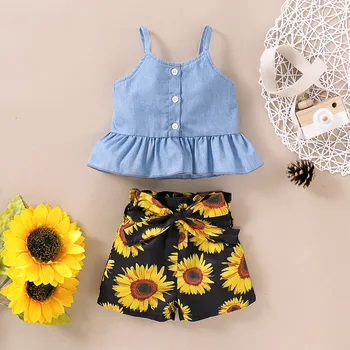 

Toddler Baby Girls Ruffles Denim Suspender Tops+Sunflower Print Shorts Outfits Children's Girls' Clothing Sets New Style suit
