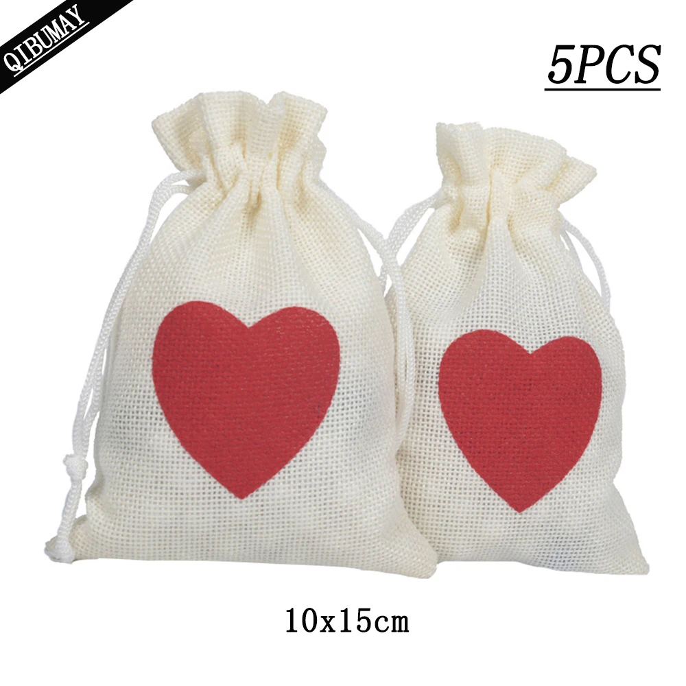 

QIBU 5pcs Love Heart Line Jute Bag Drawstring Pockets Wedding Birthday Valentine's Day Party Decorations Baby Shower Supplies