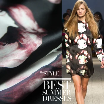 

White waxberryCute Black Bottom Baby Head Pattern Printed Fabric Silk Plain Crepe Satin Silk Dress Fabric Free Shipping