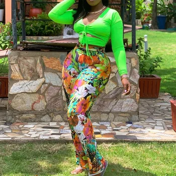 

Two Piece Sets Summer Sexy Long Sleeve T-Shirt And Floral Print Skinny Pants Vacation Causal Women Sets Ladies 2PCS Suits