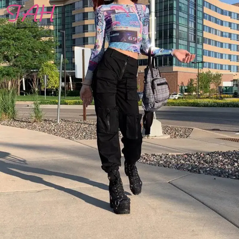 Pantalones De Mujer, повседневные хлопковые модные брюки-карго с карманами на молнии, женские брюки на плоской подошве с эластичной резинкой на талии, Iamhotty