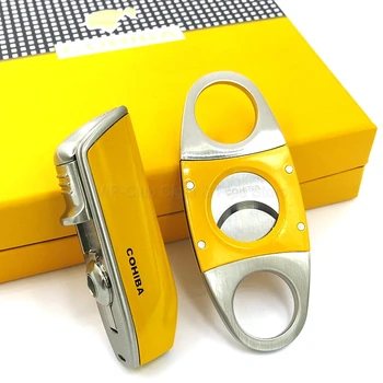 

COHIBA Metal Yellow 3 Torch Jet Flame Cigar Cigarette Lighter W/Cigar Cutter Guillotine Built-in Punch Gift Box Smoking Tool Set