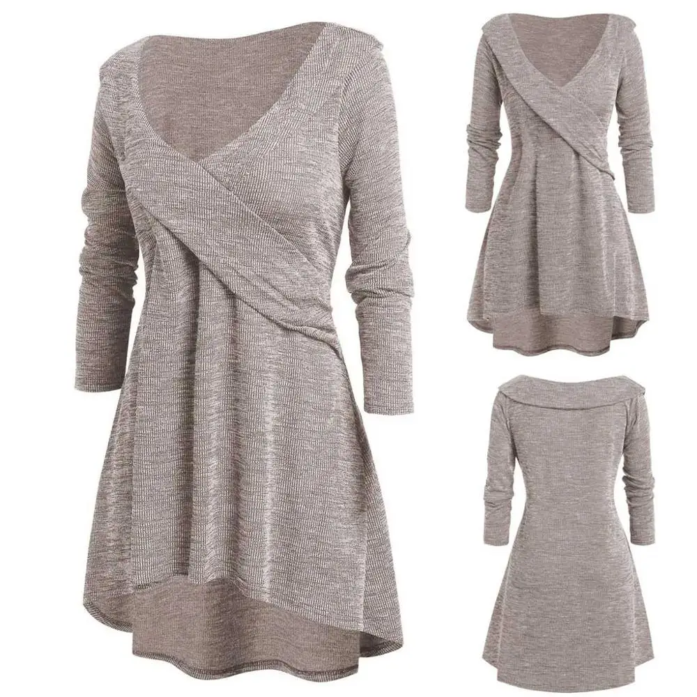 

V-Neck Sweater Plus Size Long Sleeve Tops Tunic High Low Plunging Neck Sweater Women Fashion Autumn Streetwear Tops Female