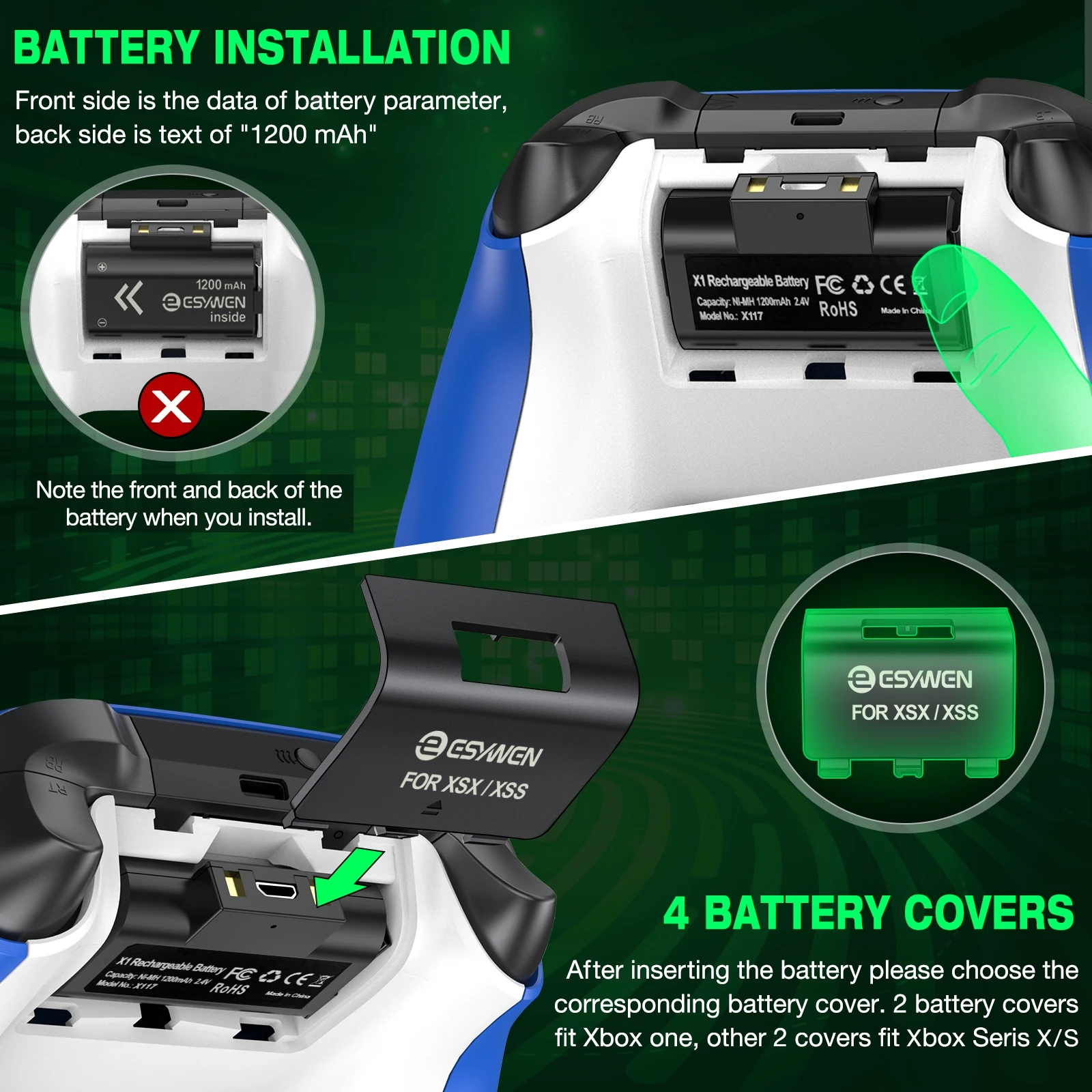 Baterias Recarregáveis para Xbox Series x s Xbox um x s Mais Tampas de Bateria para Xbox um Kit Carregador com Cabo Usb 2x1200mah - Image 4