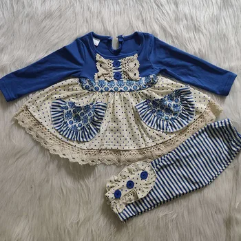 

Free shipping toddler baby girls outfits polka dot tunic dress with pocket Leggings stripe set outfit winter kids girl outfit