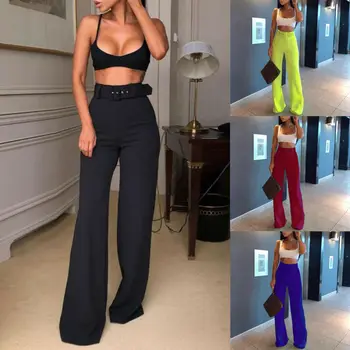 

Women Solid High Waist Flare Wide Leg Belt Trousers Bell Bottom Yoga Long Pants