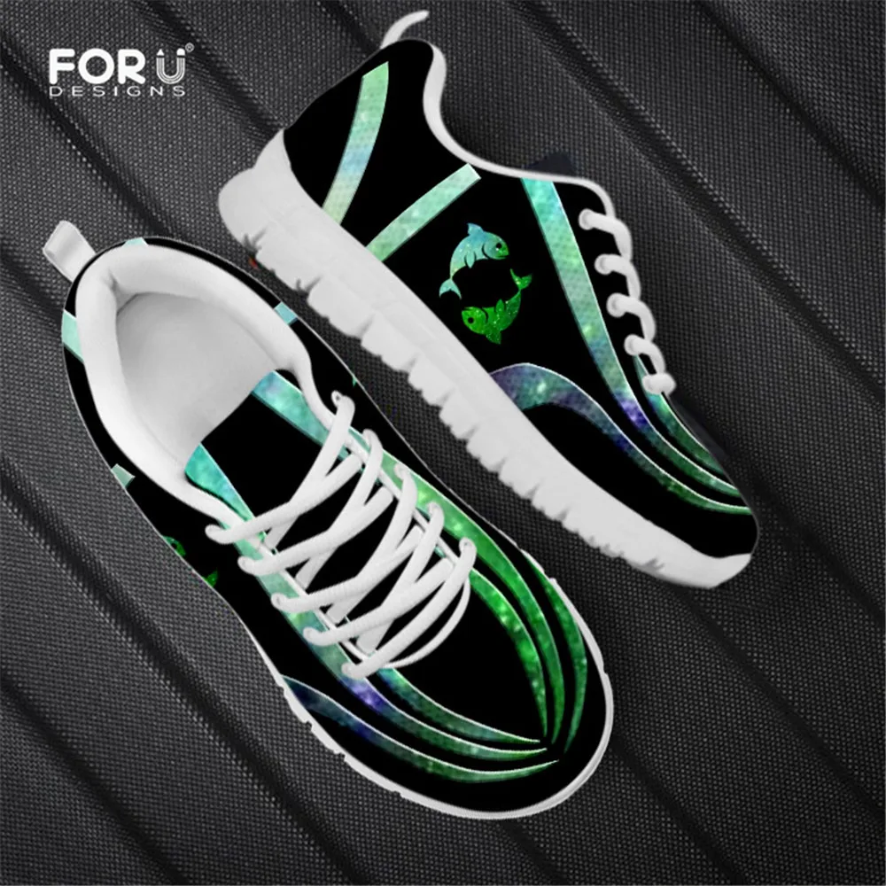 

FORUDESIGNS Zodiac Pisces Green Galaxy Women Flats Shoes Casual Sneakers Lace Up Comfortable Breathable Air Mesh Ladies Zapatos
