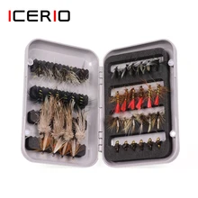 ICERIO 34/44 шт крючки для рыбалки коробка сухой мокрой мухи Nymph с привязкой крюк для ловли форели, приманка для ловли приманка снасти Сумка Для Хранения Чехол