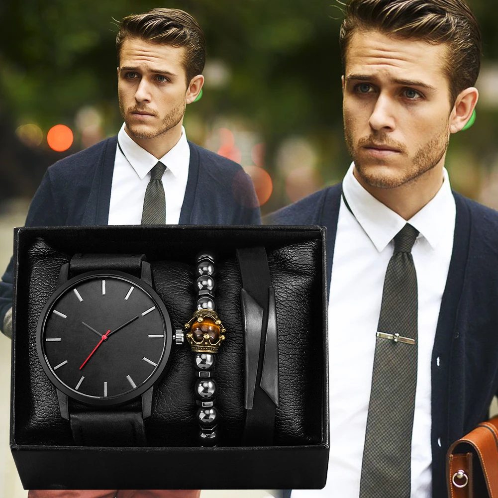 High-End Men's Business Watches Best Valentine's Day Gifts for Boyfriend Male Minimalist Leather Watch 2 Bracelets Gift Set Box
