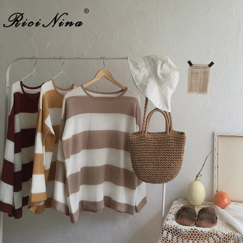 RICININA Sweater Women 2019 O-Neck Striped Shrug Mujer Knit Pullover Fall Sweaters For Women Long Sleeve Casual Sweaters Ladies