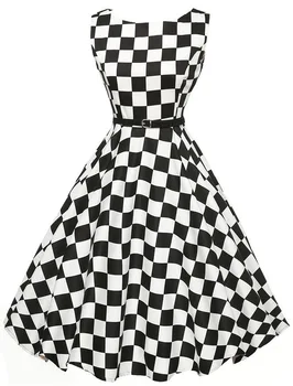 

Women Black White Plaid Dresses Female Elegant Vintage Pinup Audrey Hepburn Style 50s 60s Gown Party Rockabilly Dress