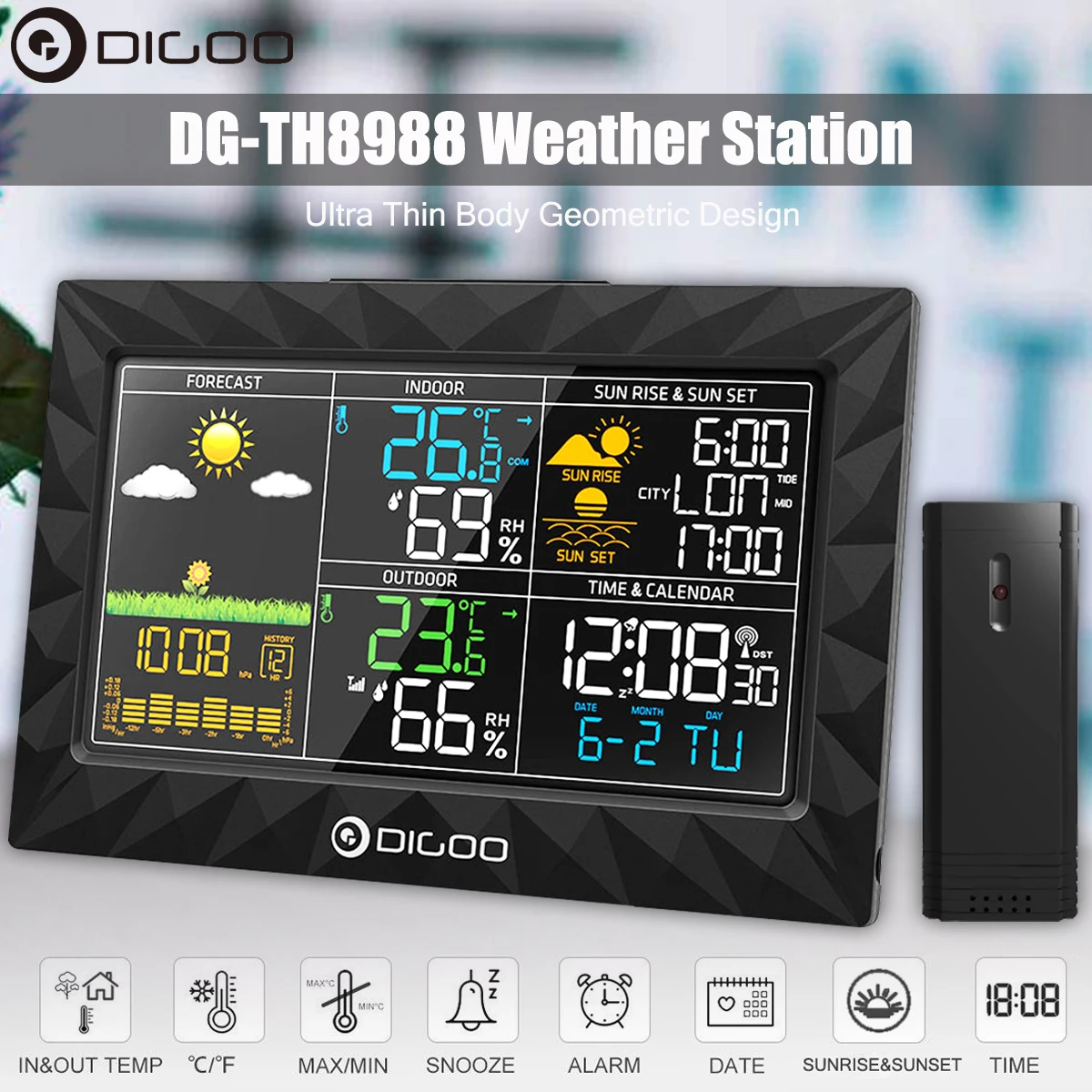 Billig DIGOO DG TH8988 LCD Farbe Wetter Station + Outdoor Remote Sensor Thermometer Feuchtigkeit Snooze Uhr Sunrise Sunset Kalender