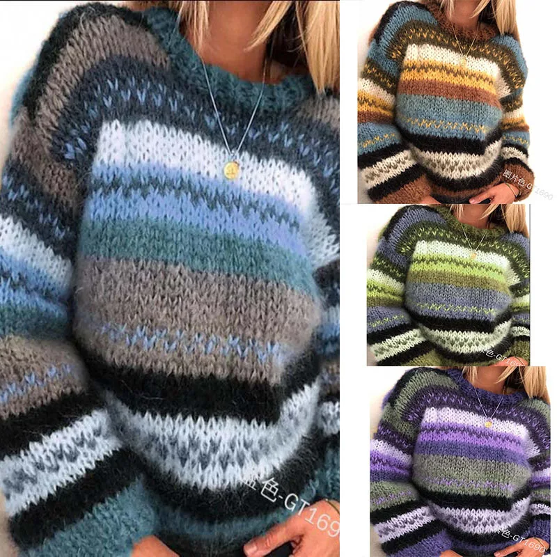 

Korean Style Rainbow Sweater Loose Stripe Pullover Knitted Runway Jumpers Women's Sweaters Multicolor Loose Women's Clothes