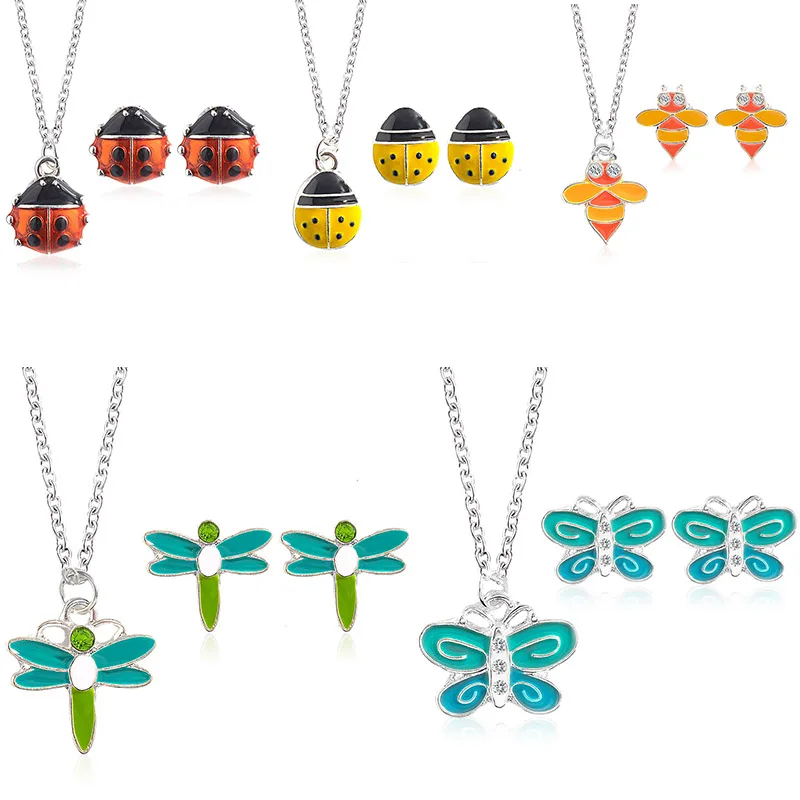 

Cute Insect Necklace Earrings Jewelry Sets Cartoon Butterfly Dragonflies Bees Ladybugs Animals Necklace Set Women kids Jewelry