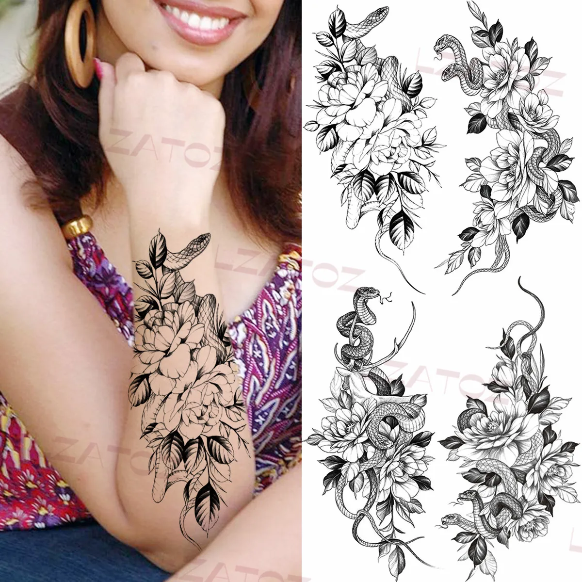 Реалистичные пион Змея Временные татуировки для Для женщин Взрослый Роза