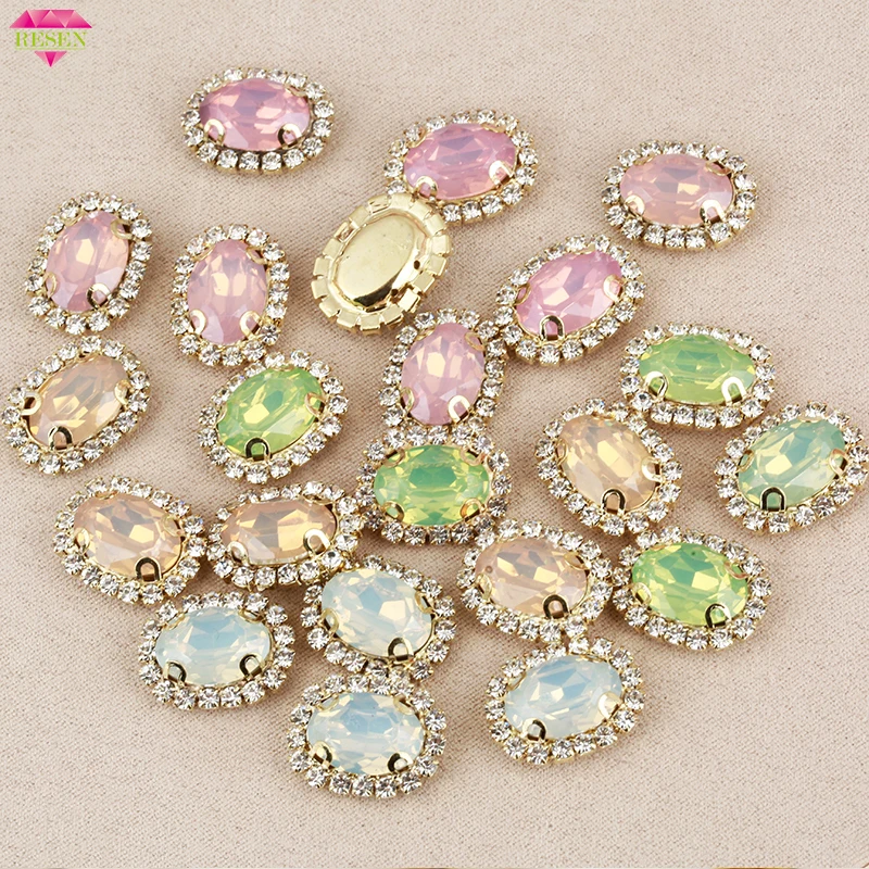 50pcs Multicolor Oval Claw Rhinestones Golden Flat Back Shiny